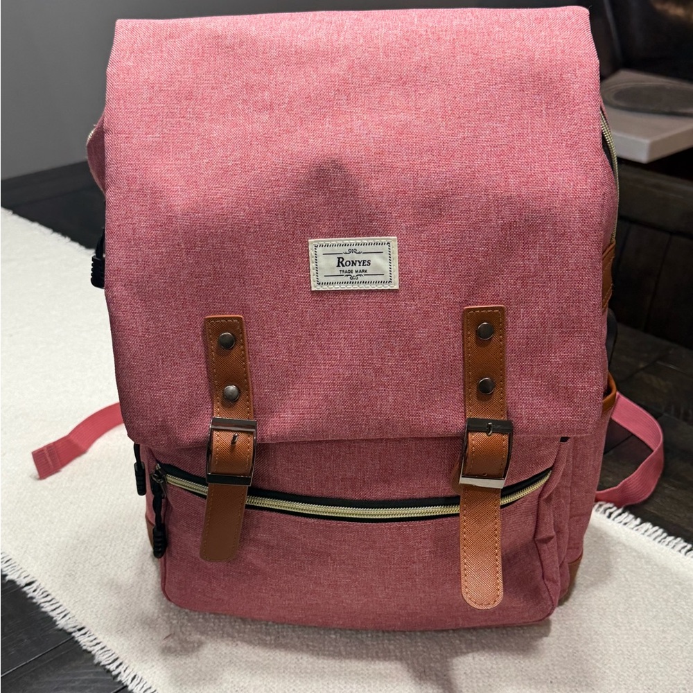 Ronyes Pink Canvas Backpack with Brown Accents
